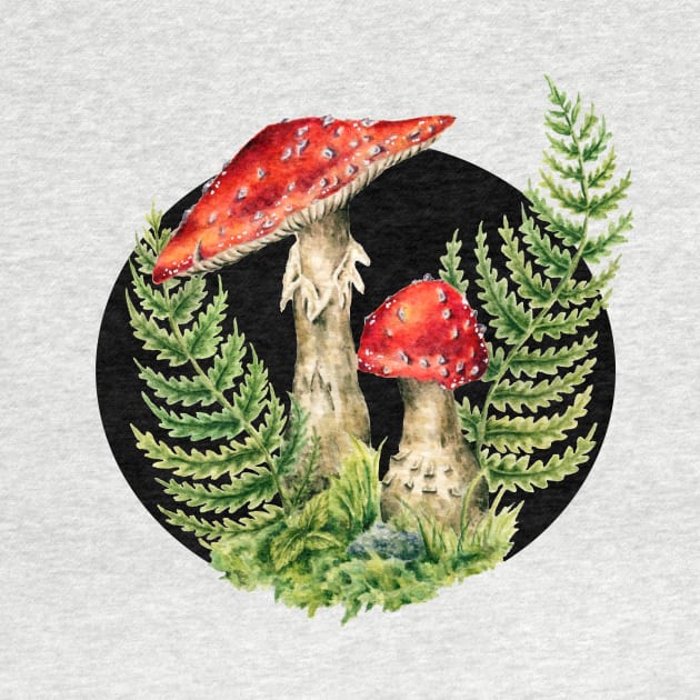 Cottagecore Fairy Mushrooms, Toadstool and Ferns, Fungus Mycology Art, Amanita Muscaria by kaleighdayart